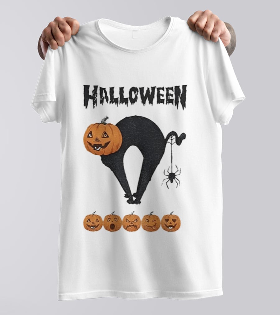 Halloween Pumpkin Cat Black Spider Five Jack O' Lanterns T-Shirt
