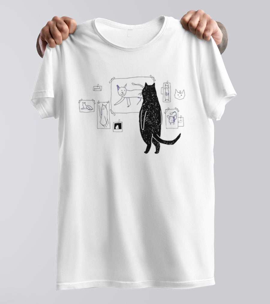 Black Cat Standing Looking At Sketches Line Drawing Wall Gallery T-Shirt