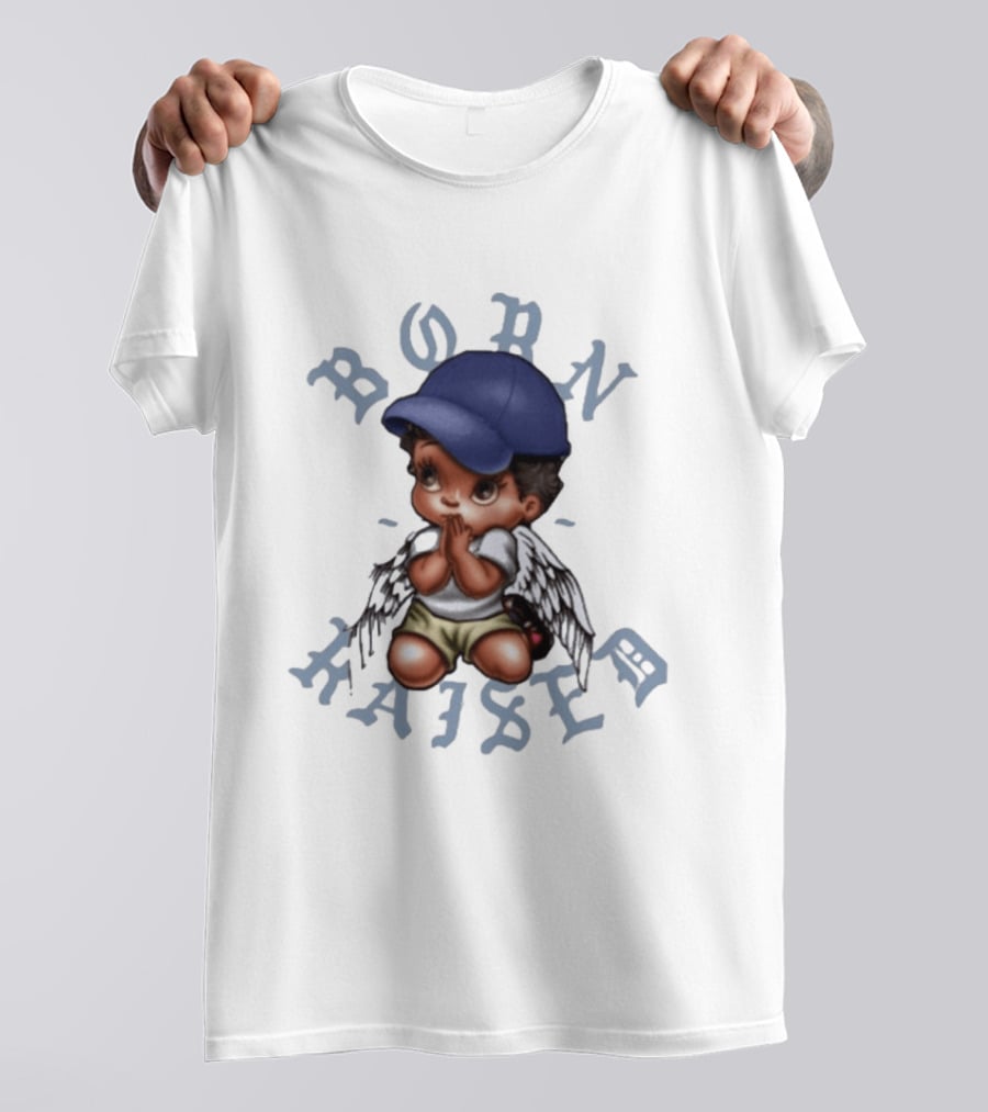 Born X Raised El Angel Cherub Praying With Wings And Cap T-Shirt