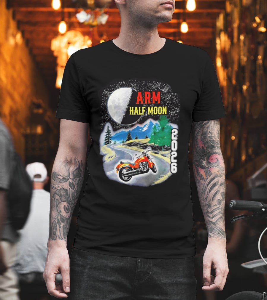 Arm Half Moon 2026 Orange Motorcycle Winding Mountain Road Night Sky T-Shirt