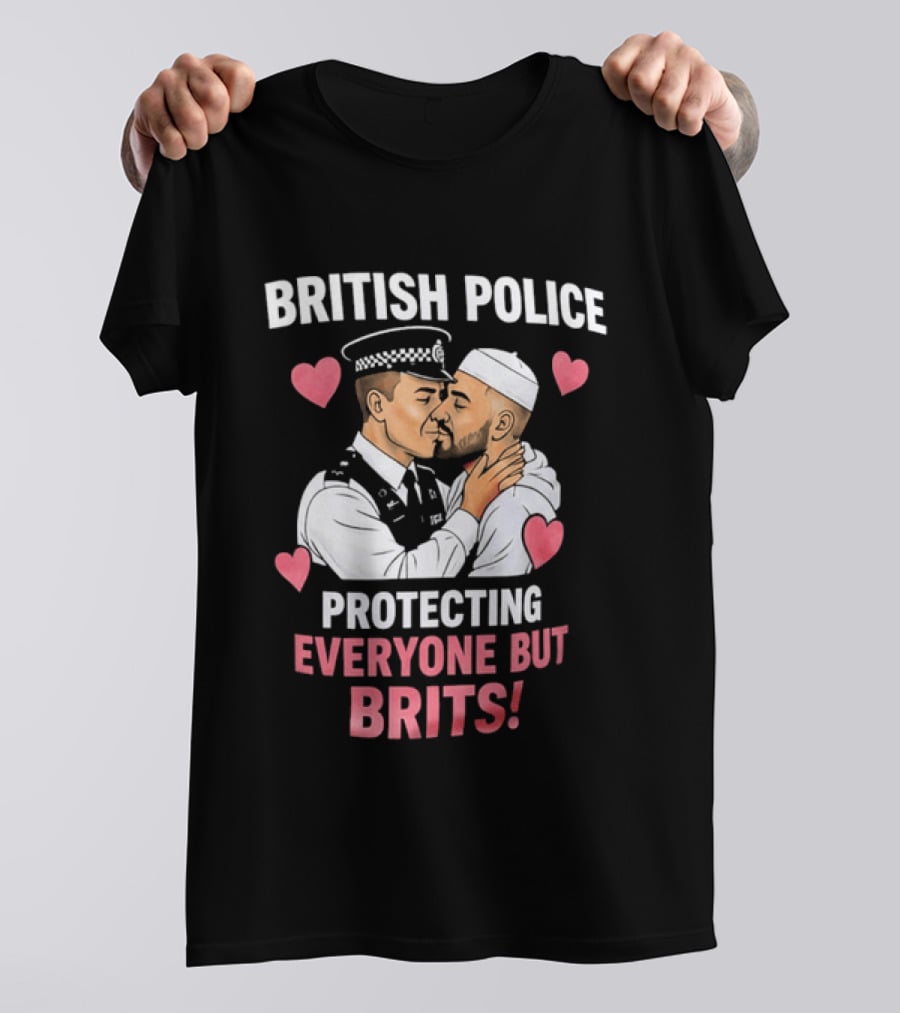 British Police Protecting Everyone But Brits Kissing Illustration With Hearts T-Shirt