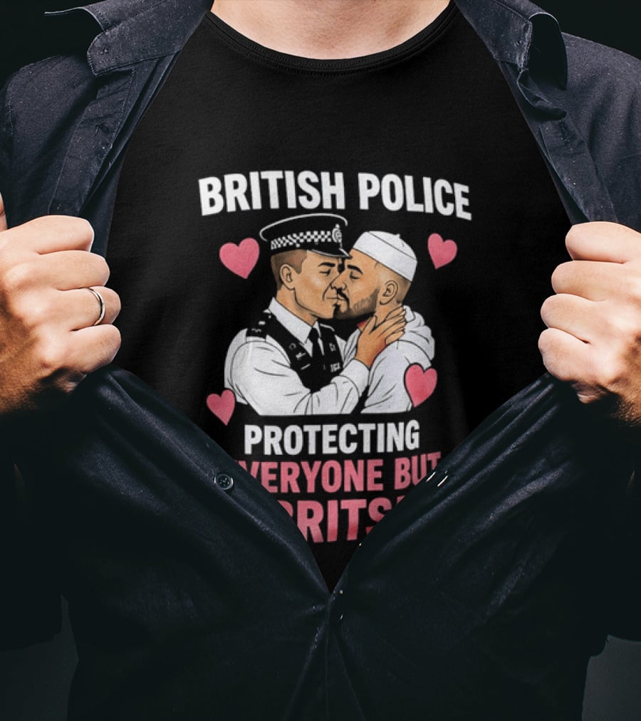 British Police Protecting Everyone But Brits Kissing Illustration With Hearts T-Shirt