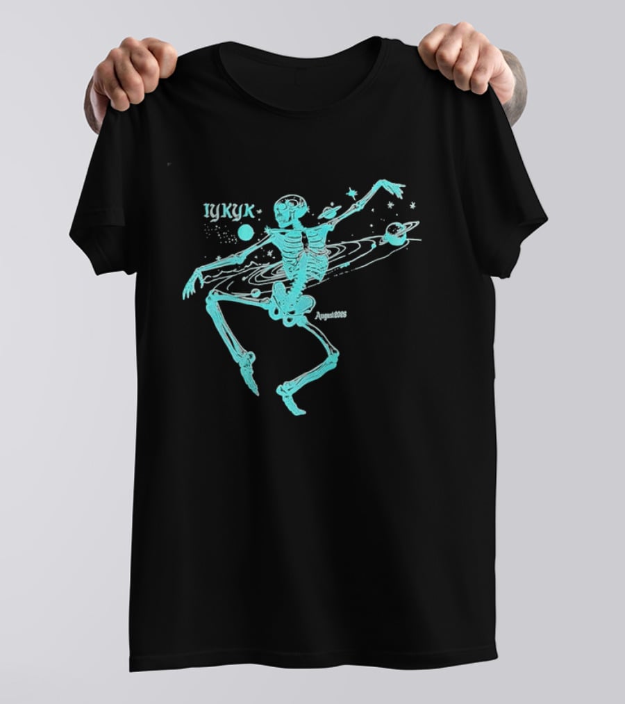 Iykyk August 2026 Cyan Dancing Skeleton With Space Orbit Sketch T-Shirt