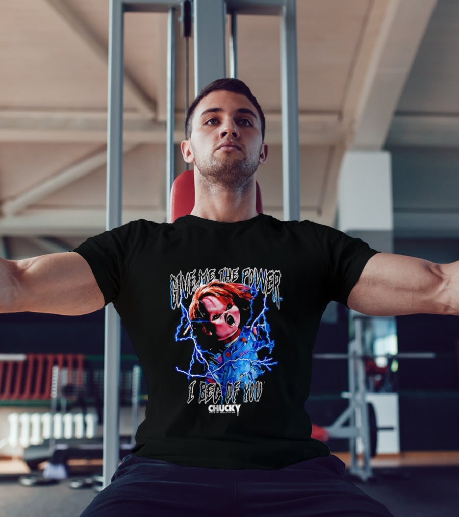 Chucky Give Me The Power I Beg Of You Blue Lightning Screaming Doll T-Shirt