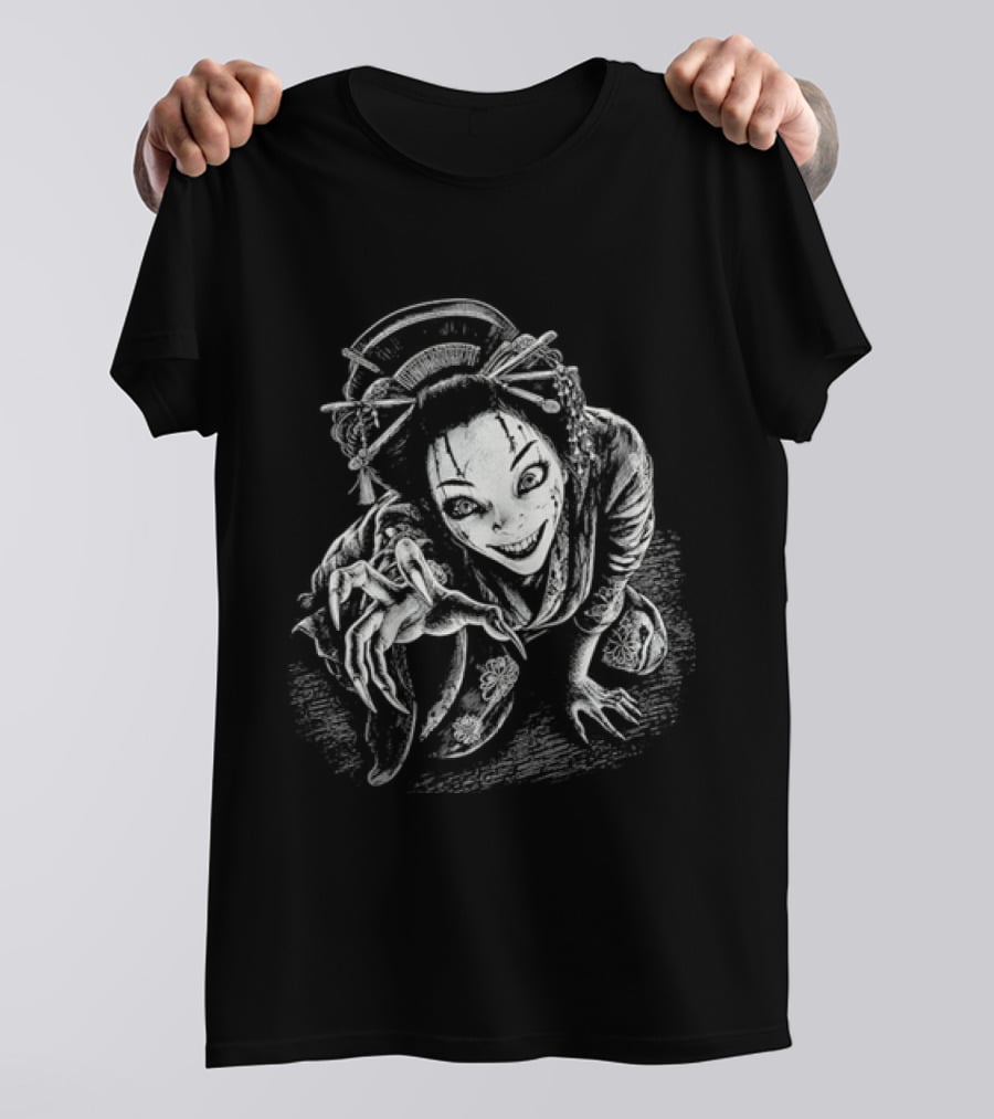 Creepy Demonic Yokai Geisha Crawling Sharp Claws Drawing T-Shirt