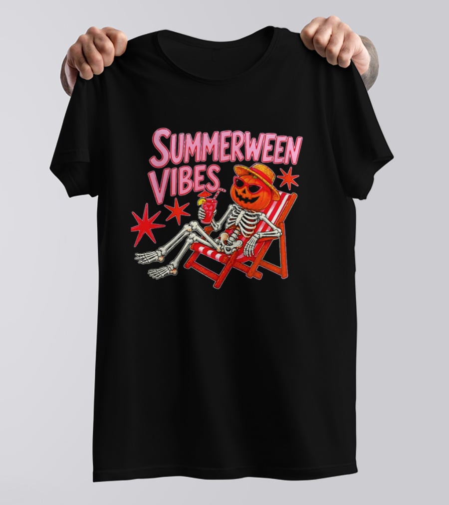 Summerween Vibes Skeleton Pumpkin Sunglasses Lounge Chair Drink T-Shirt