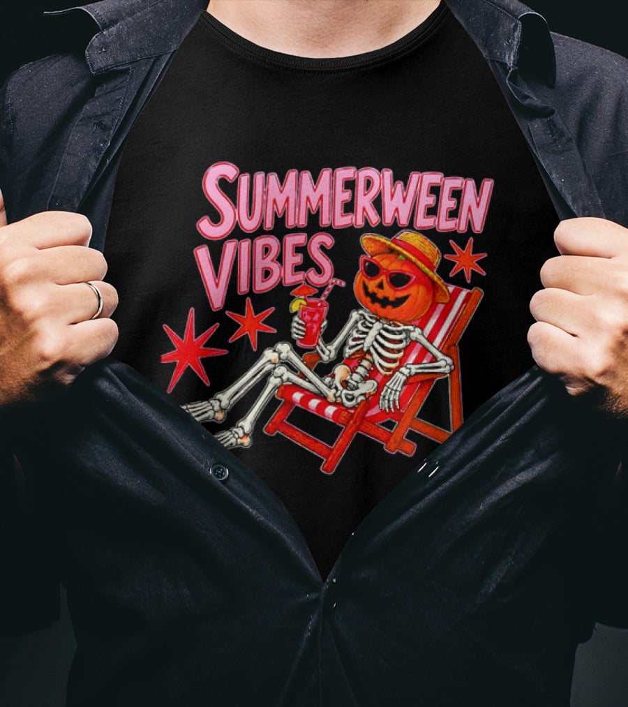 Summerween Vibes Skeleton Pumpkin Sunglasses Lounge Chair Drink T-Shirt