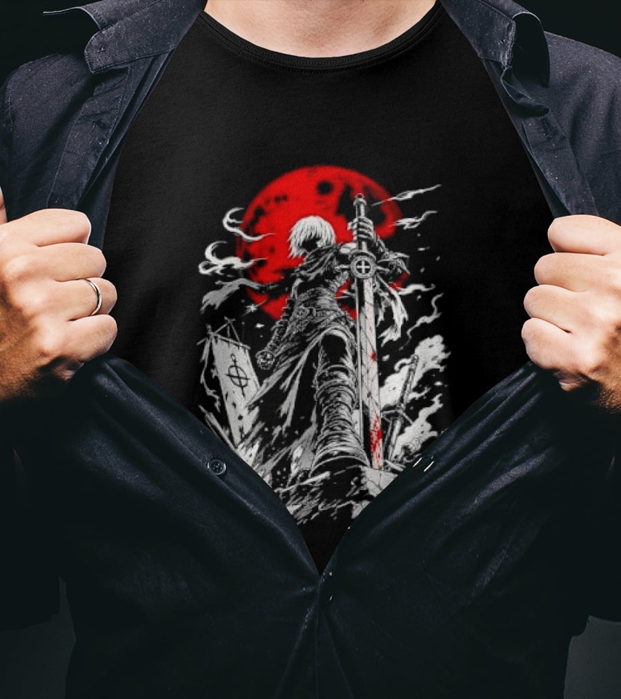 Dark Fantasy Warrior Bloody Sword Red Moon Battlefield Epic Scene T-Shirt