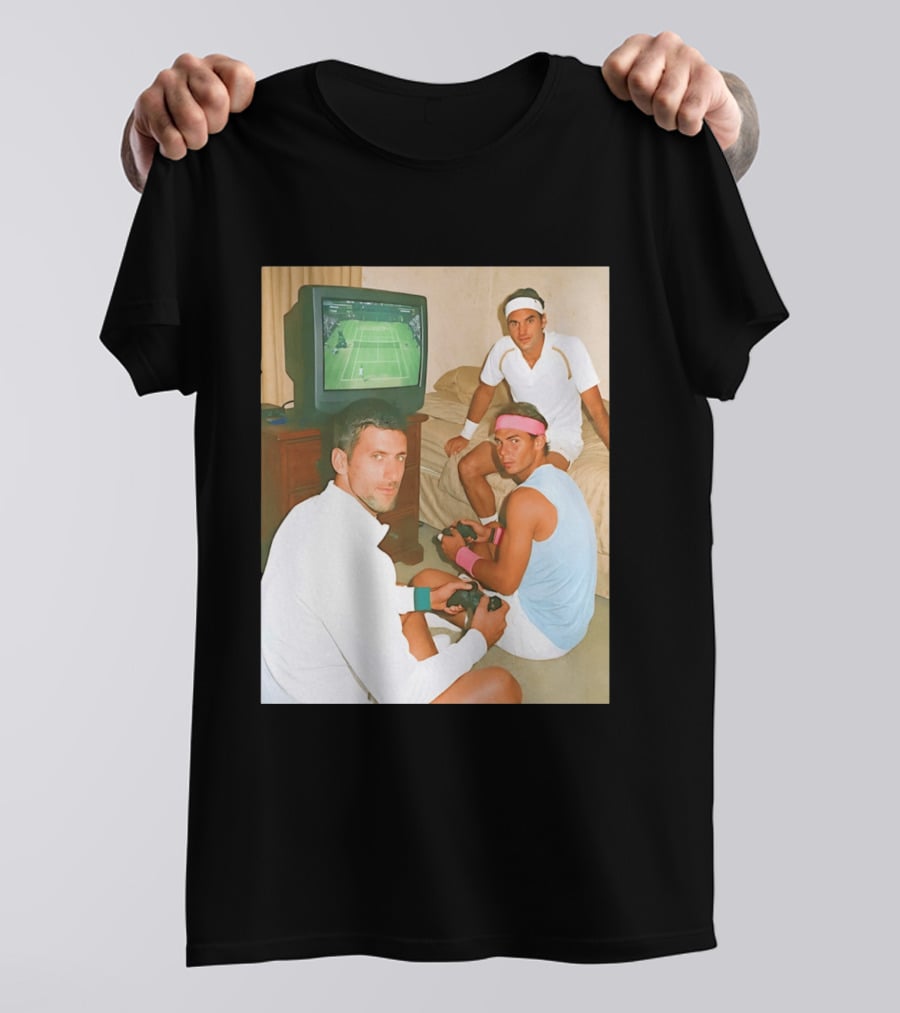 Novak Djokovic Rafael Nadal Roger Federer Playing Tennis Video Game T-Shirt