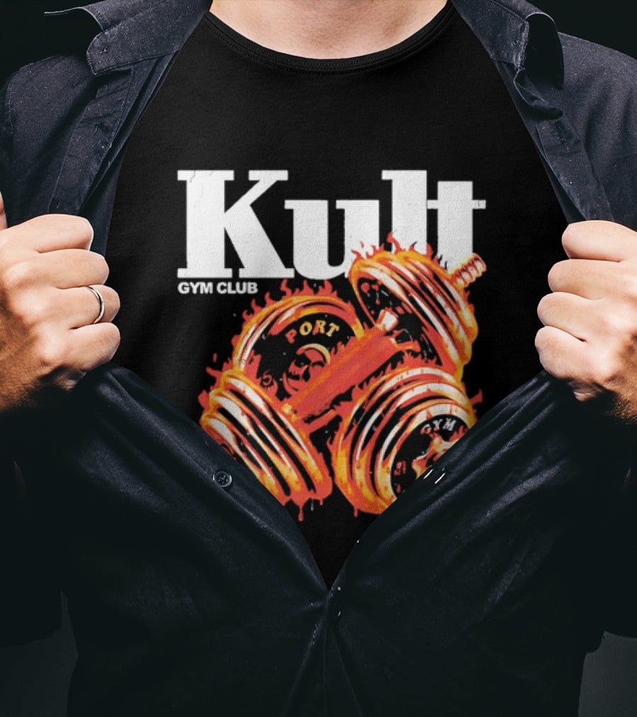 Kult Gym Club Sport Fiery Dumbbells Dripping Lava Distressed T-Shirt