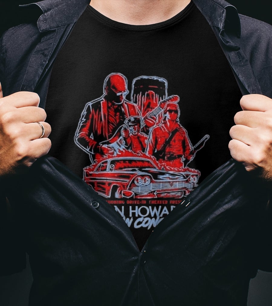 The Mahoning Drive In Theater Presents Alan Howarth Live Concert Horror Characters Flaming Car T-Shirt