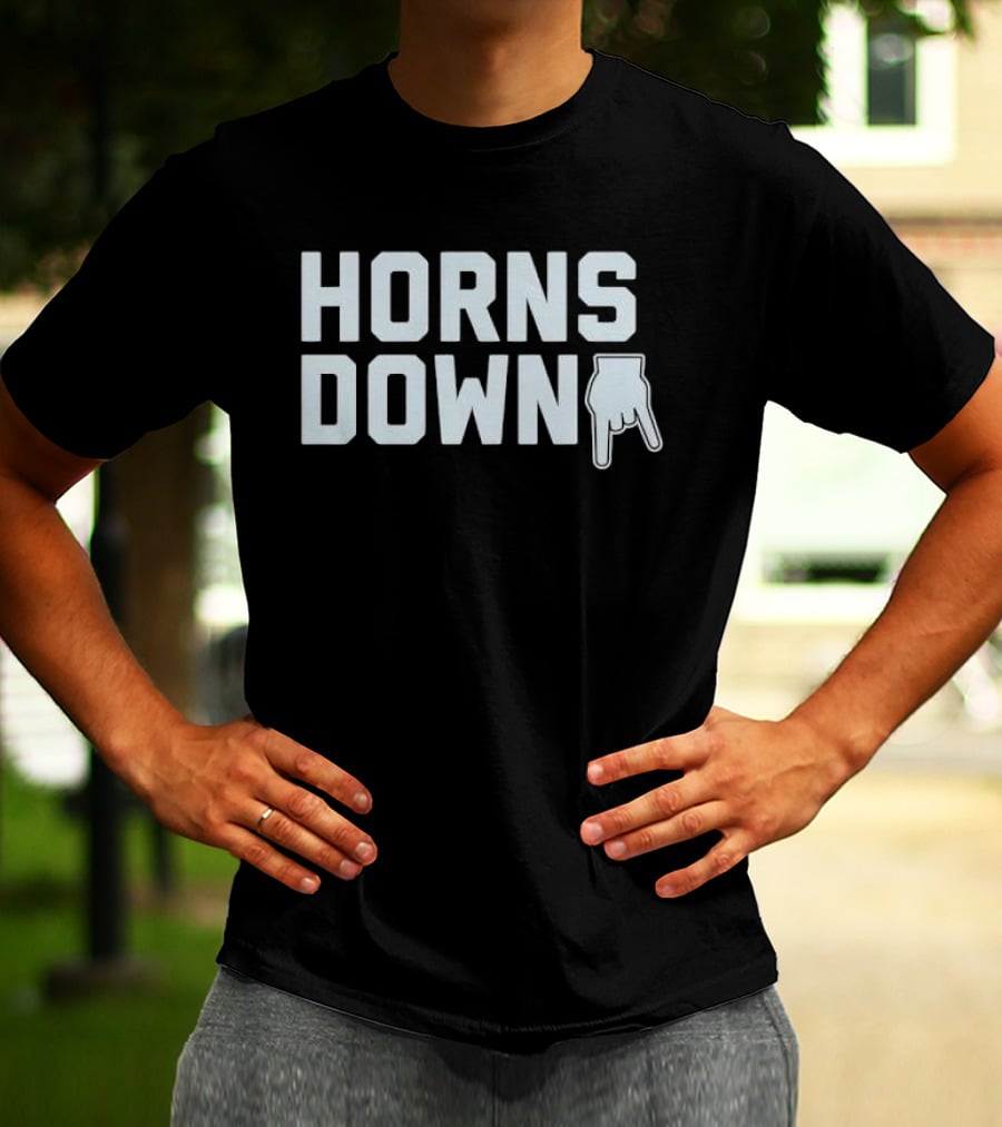 Horns Down Hand Gesture Block Lettering Pointing Finger Sign T-Shirt