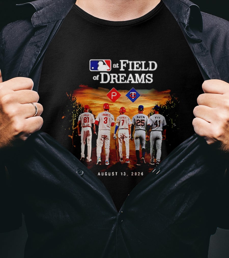MLB At Field Of Dreams August 13 2026 Philadelphia Minnesota Players Walking Into Cornfield T-Shirt