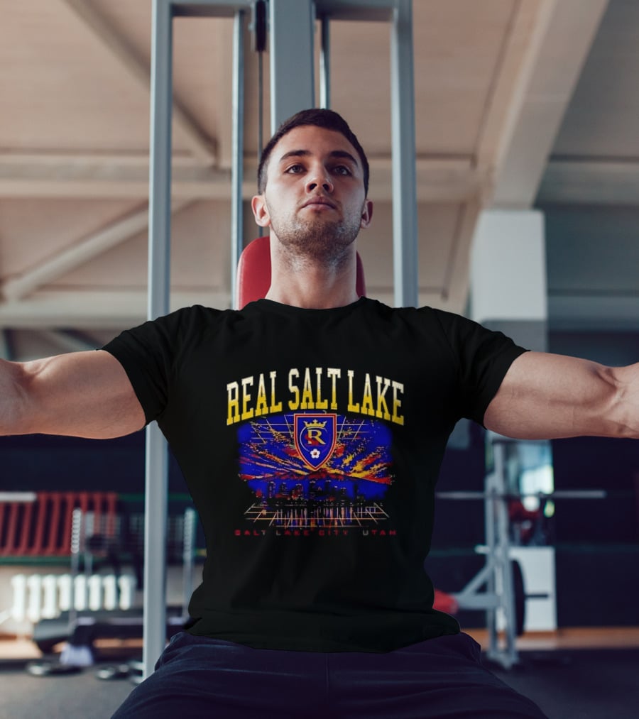 Real Salt Lake City Utah Skyline Crest Sunset Grid Distressed T-Shirt