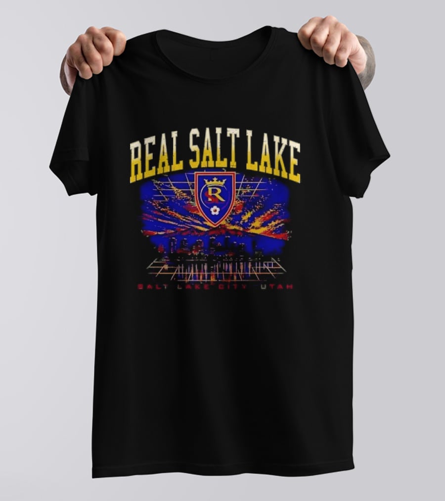 Real Salt Lake City Utah Skyline Crest Sunset Grid Distressed T-Shirt