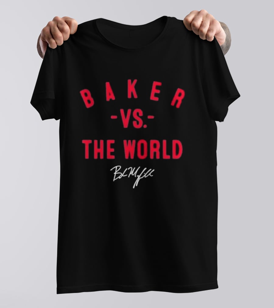 Baker Vs The World Red Curved Block Mayfield Signature T-Shirt