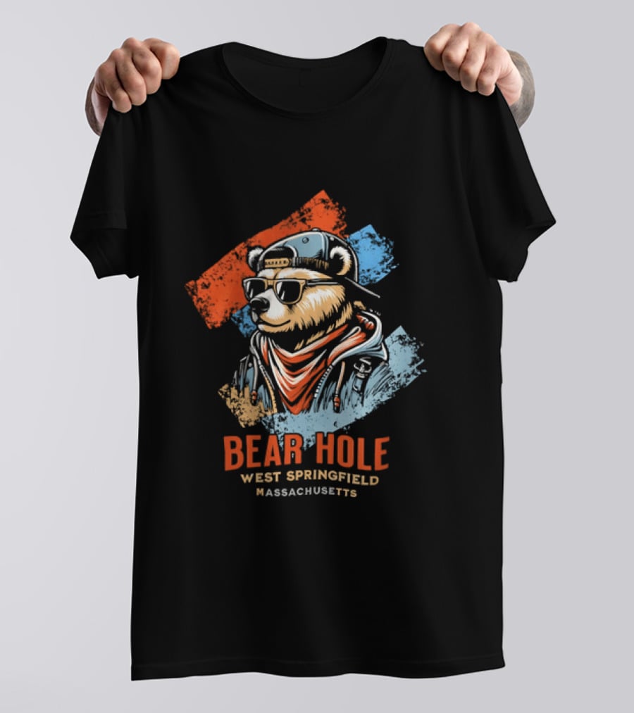 Bear Hole West Springfield Massachusetts Bear Wearing Sunglasses Cap Bandana Distressed T-Shirt