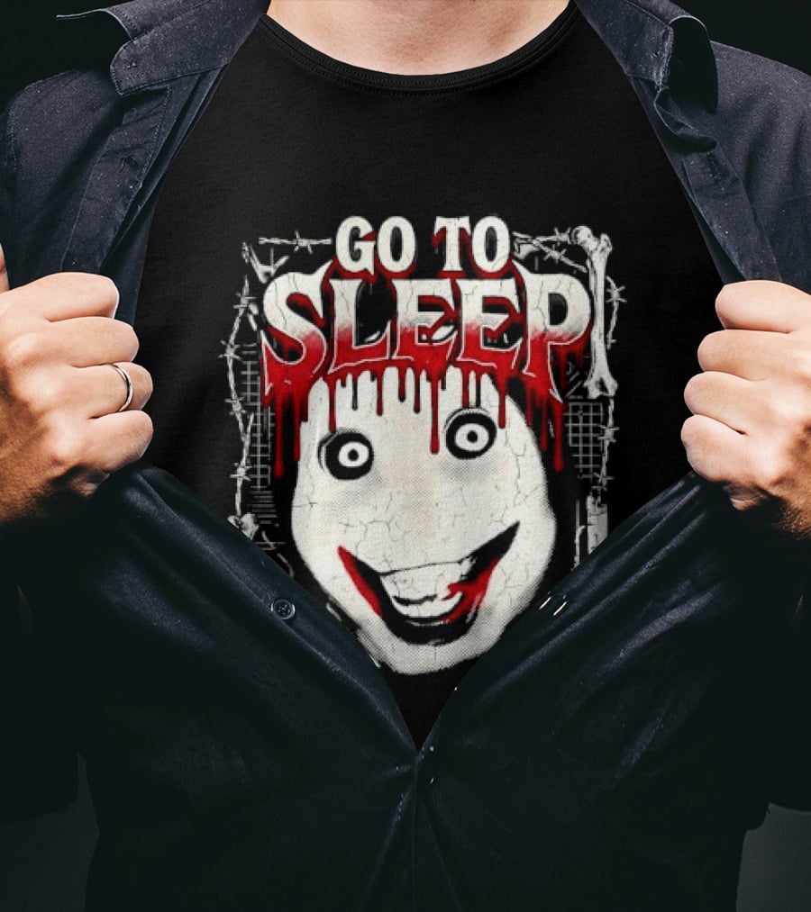 Go To Sleep Creepy Pale Face Bloody Smile Barbed Wire Bones T-Shirt