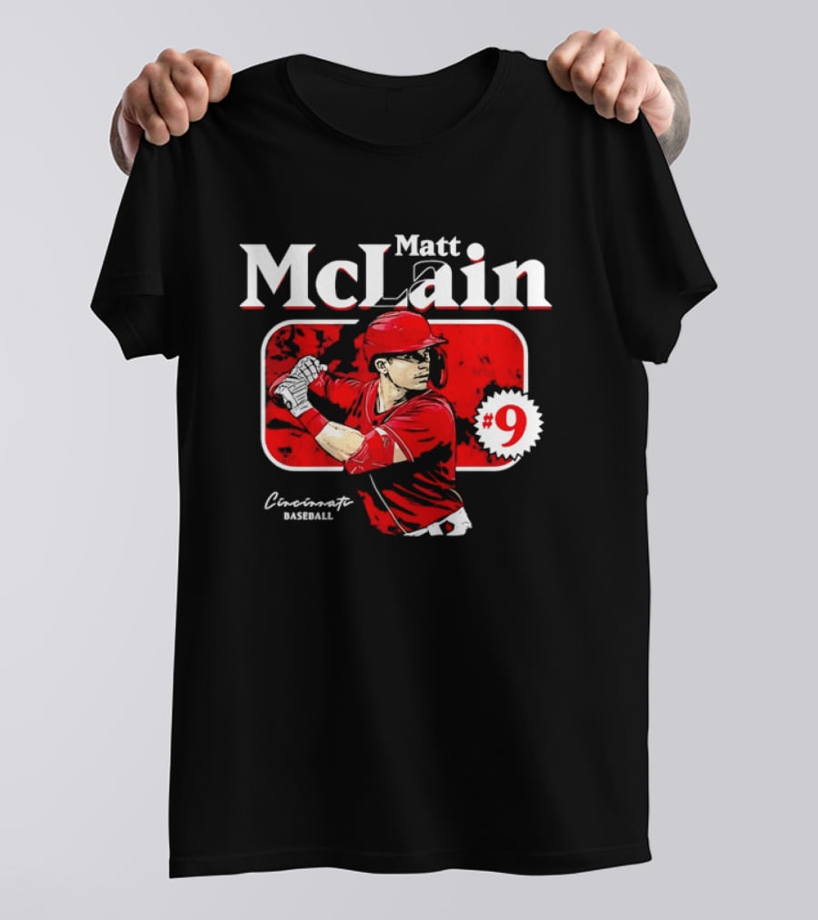 Matt McLain Cincinnati Baseball Number 9 Batter Stance Red Frame T-Shirt