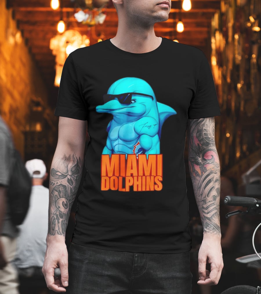 Miami Dolphins Fins Up Muscular Cartoon Sunglasses Tattoo T-Shirt