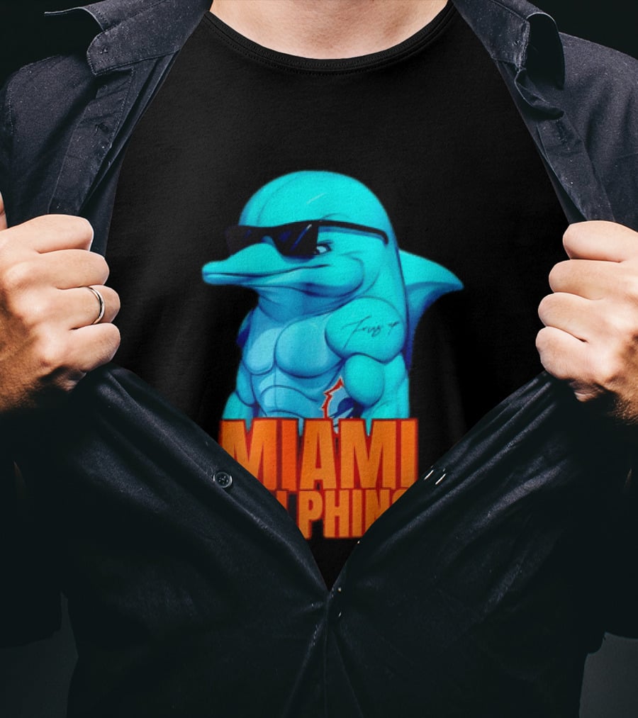 Miami Dolphins Fins Up Muscular Cartoon Sunglasses Tattoo T-Shirt