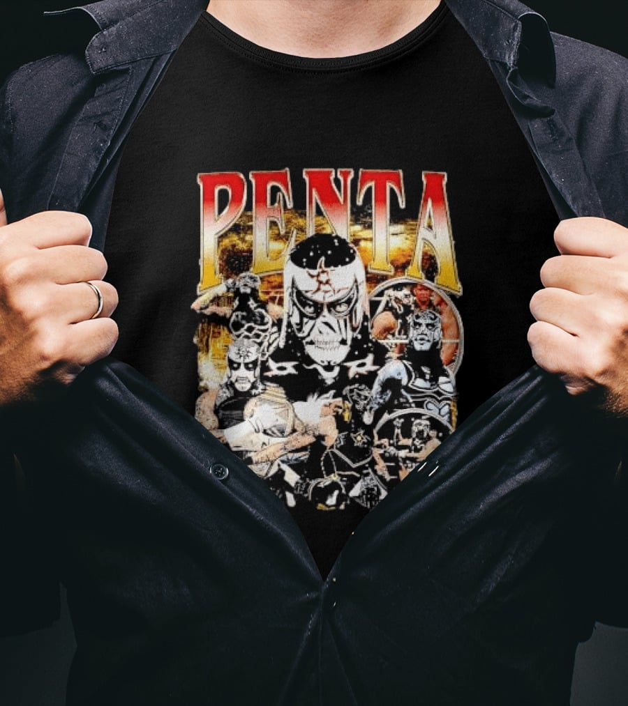 Penta Masked Luchador Wrestler Belt Photo Collage Bootleg T-Shirt