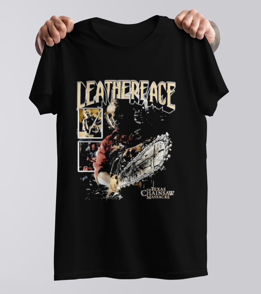 Leatherface Texas Chainsaw Massacre Horror Collage Holding Saw T-Shirt