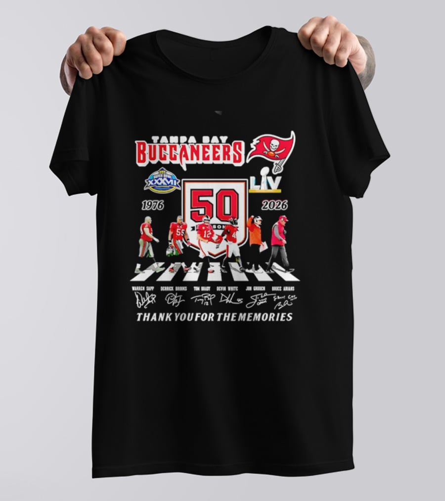 Tampa Bay Buccaneers 50th Anniversary Thank You For The Memories Warren Sapp Derrick Brooks Abbey Road Crosswalk 1976 2026 T-Shirt