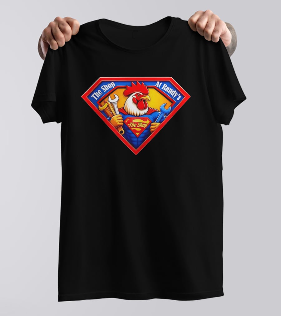 The Shop At Randy's Cartoon Rooster Superhero Wrenches Crest T-Shirt