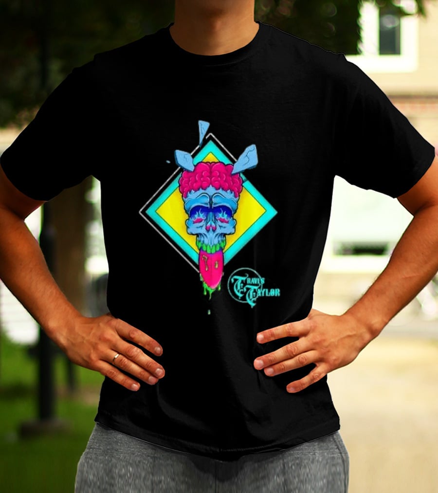 Travis Taylor Neon Skull Pink Brain Green Slime Tongue Diamond Geometric T-Shirt