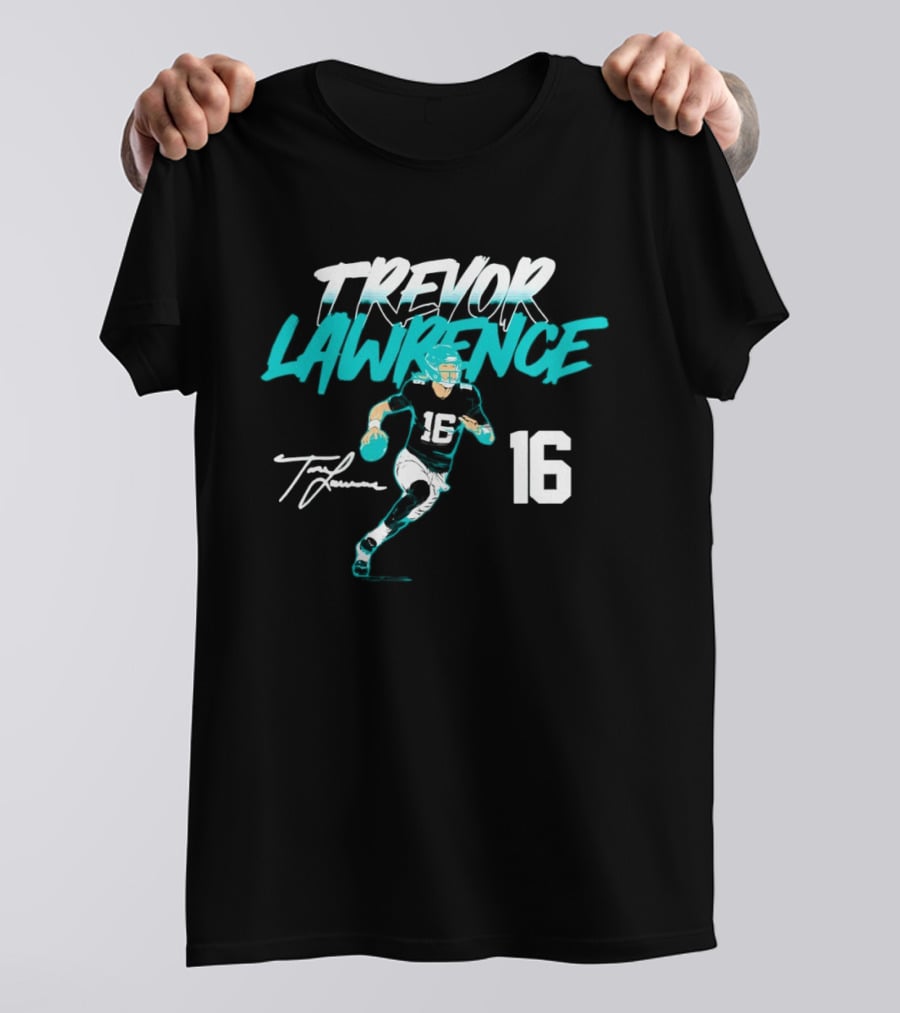 Trevor Lawrence No 16 Jaguars Signature Style Football 2026 T-Shirt