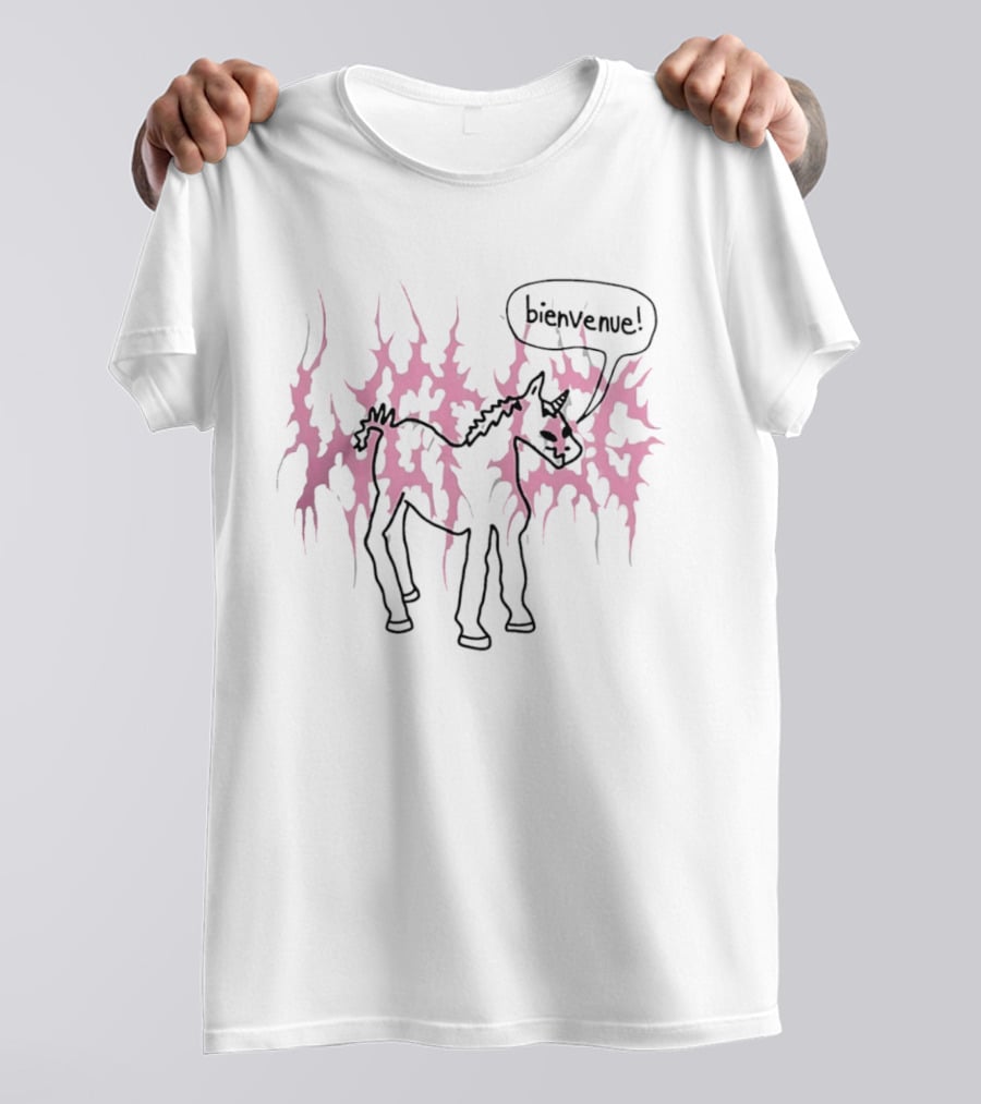 Bienvenue Cartoon Horned Unicorn Pink Flames T-Shirt