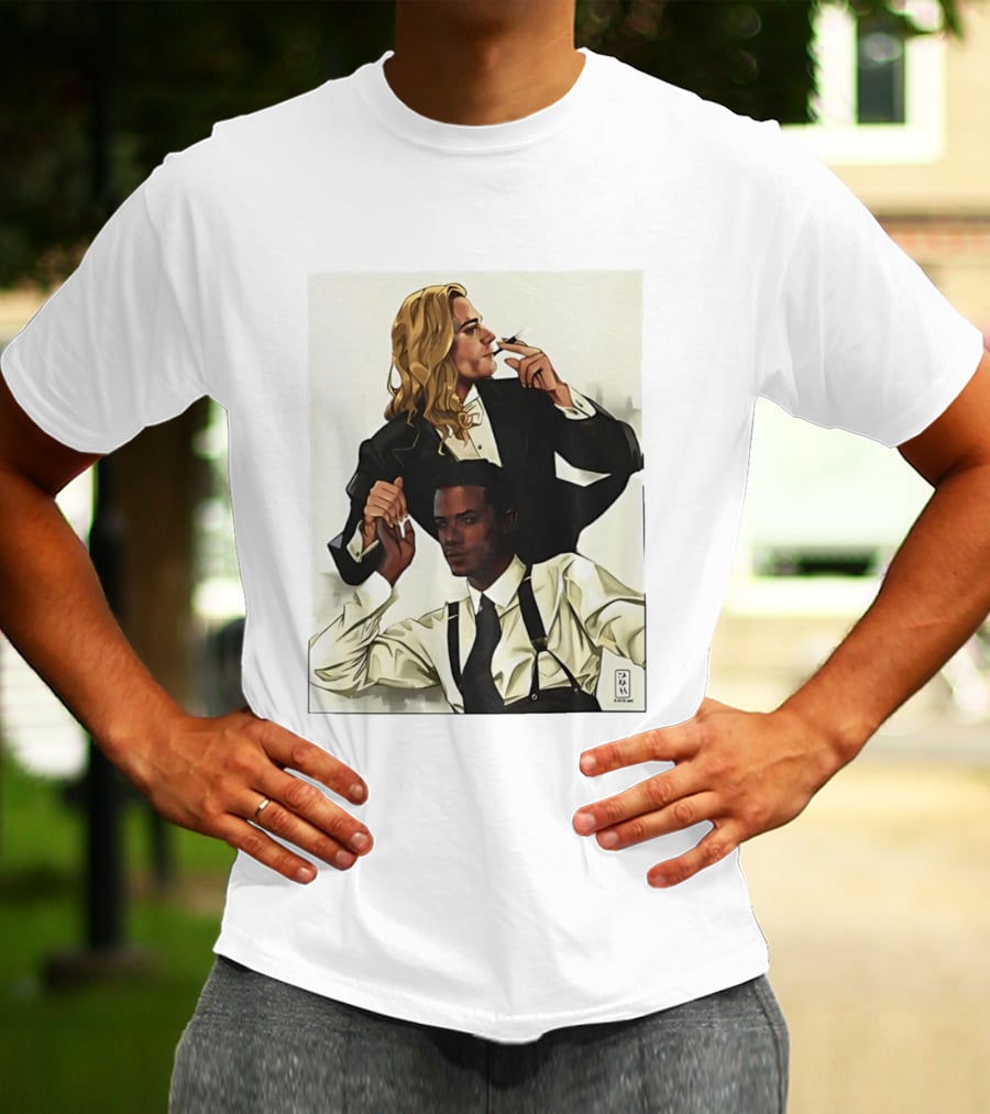 Blonde Tuxedo Smoking Dark Hair Suspenders Duo T-Shirt