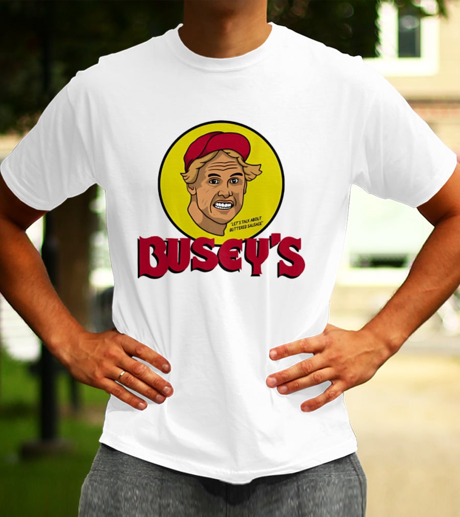 Busey's Let's Talk About Buttered Sausage Gary Busey Red Cap T-Shirt