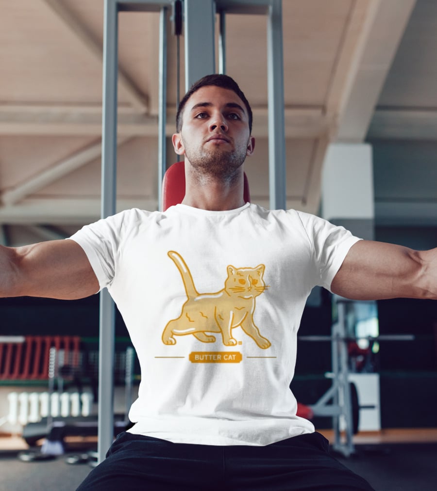 Butter Cat Yellow Orange Cartoon Walking Feline Line T-Shirt