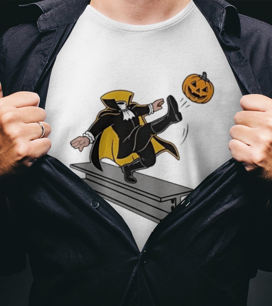 Cartoon Headless Horseman Kicking Jack O Lantern Pumpkin Steel Beam T-Shirt