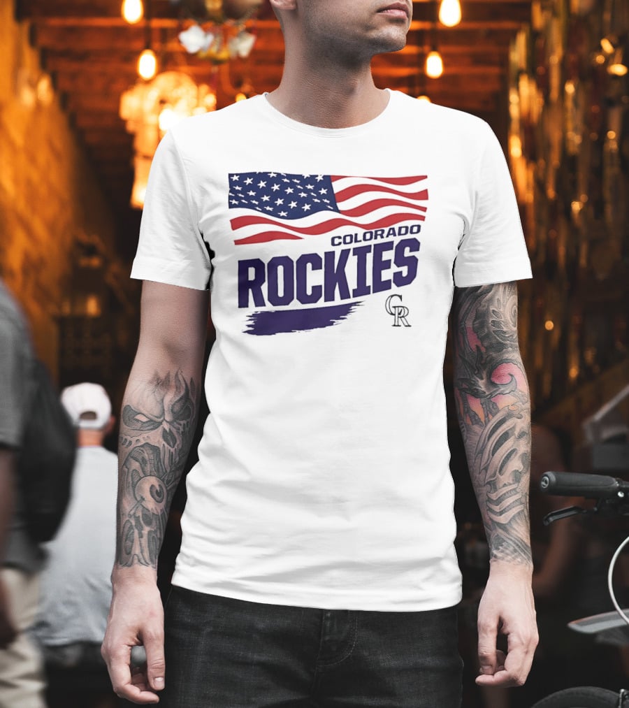 Colorado Rockies MLB American Flag Brush Stroke Waving T-Shirt