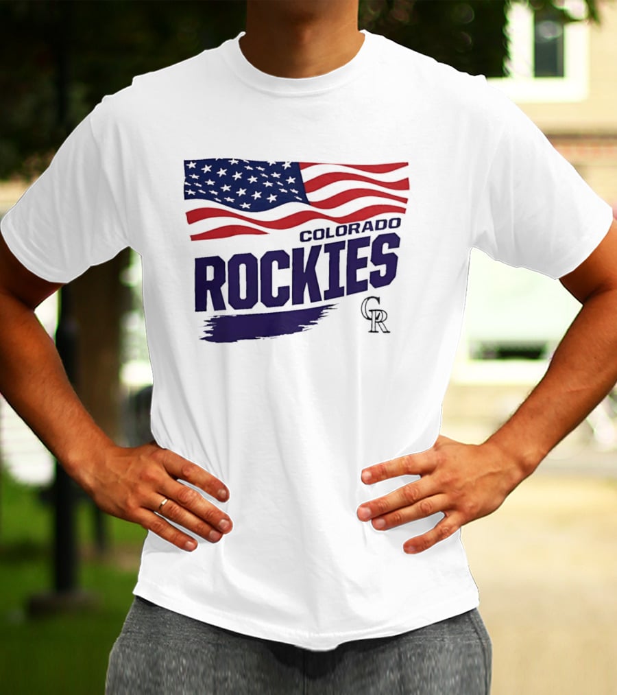 Colorado Rockies MLB American Flag Brush Stroke Waving T-Shirt