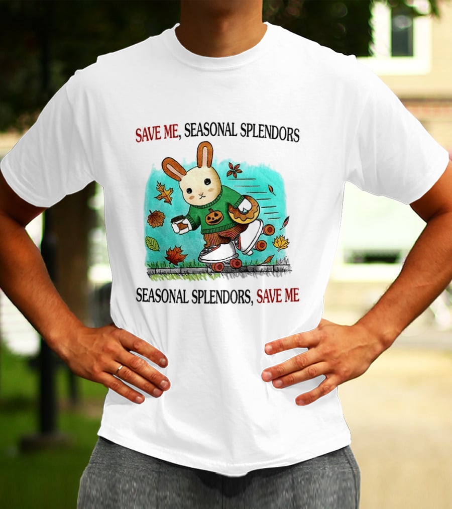 Skater Rabbit With Coffee And Donut Save Me Seasonal Splendors Leaves T-Shirt