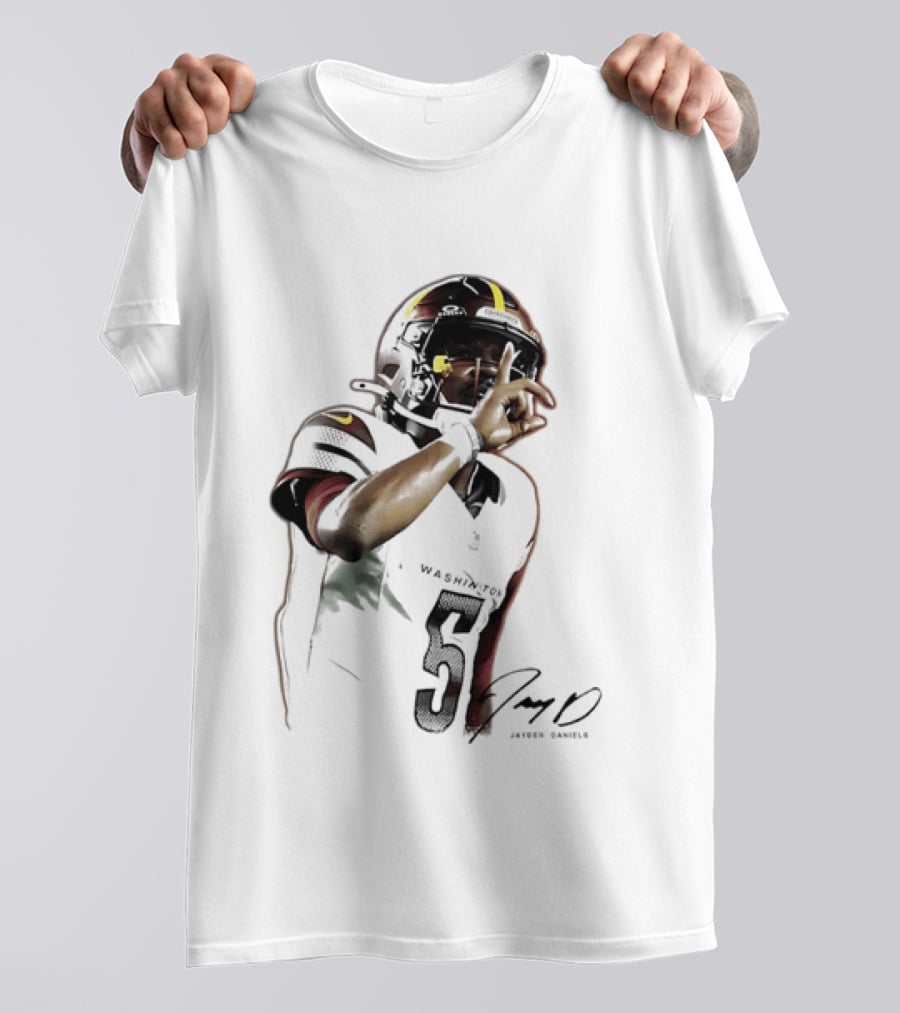 Washington Commanders Jayden Daniels Quarterback Finger To Lips Photo Cutout T-Shirt