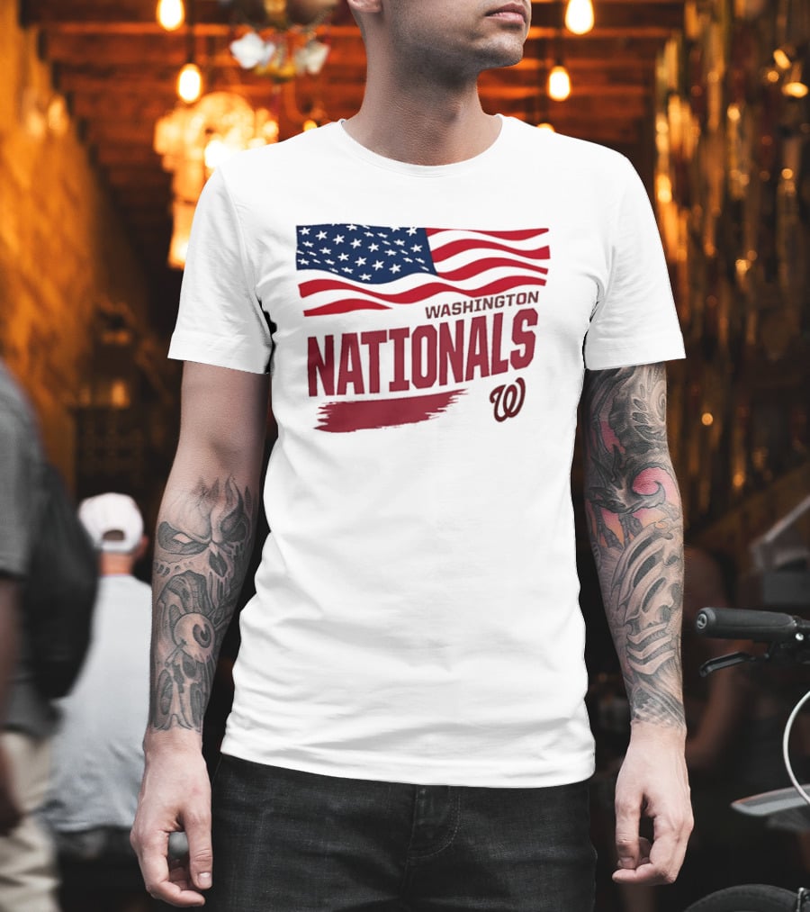 Washington Nationals Waving American Flag Red Brushstroke MLB T-Shirt