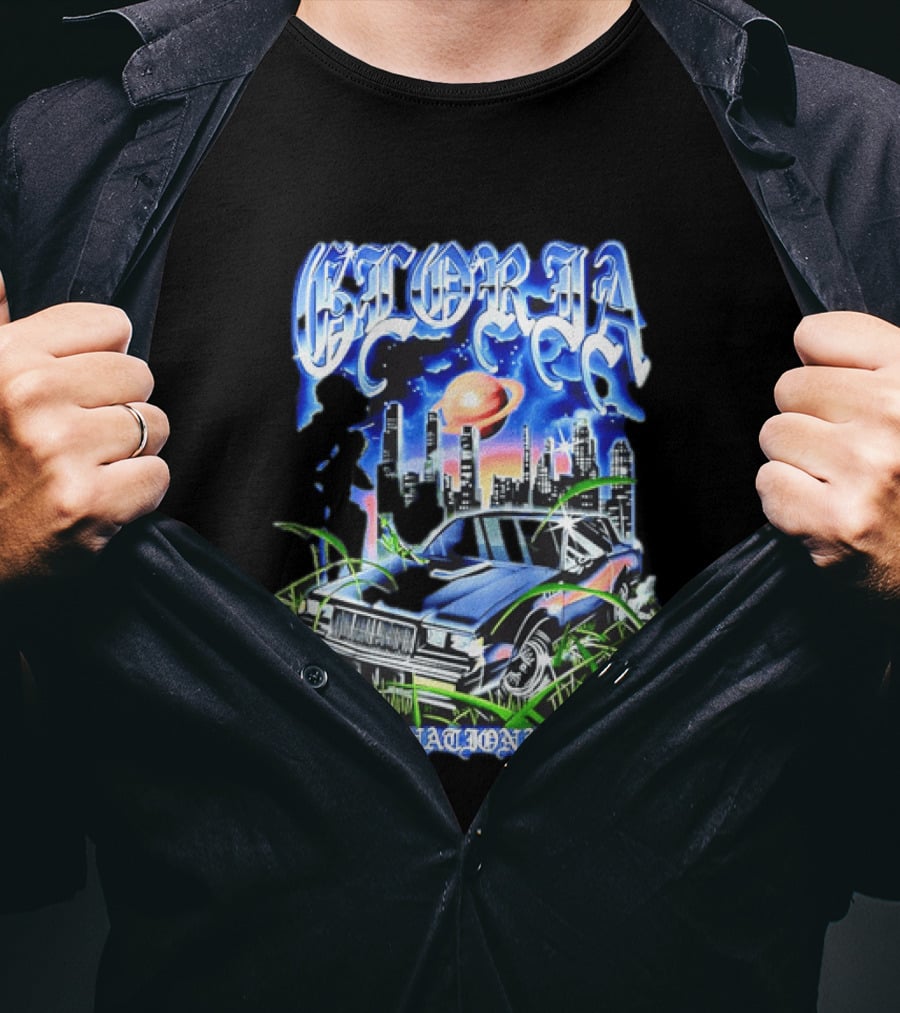 Gloria Grand National Tour Classic Car City Skyline Planet T-Shirt