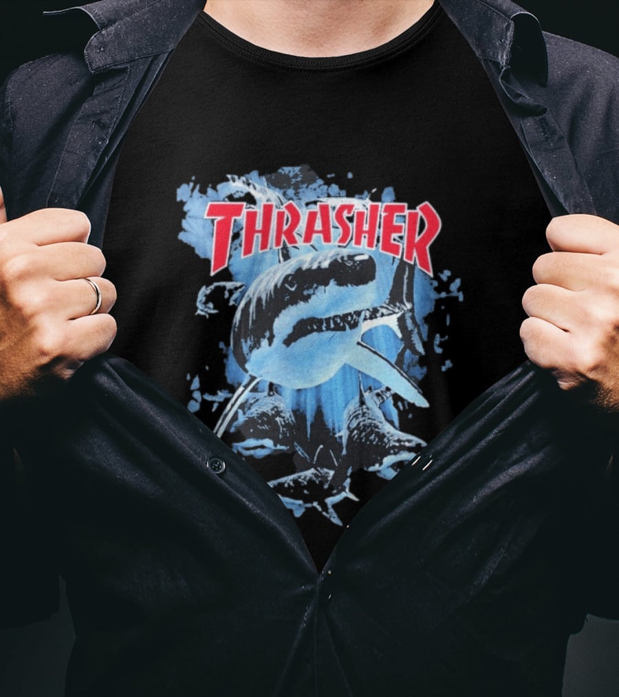 Thrasher Shark Blue Print Skateboarding T-Shirt