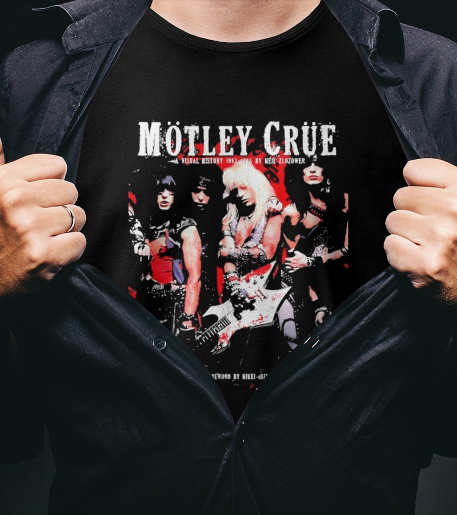 Motley Crue Visual History 1983 2005 Neil Zlozower Nikki Sixx Band Photo White Guitar T-Shirt