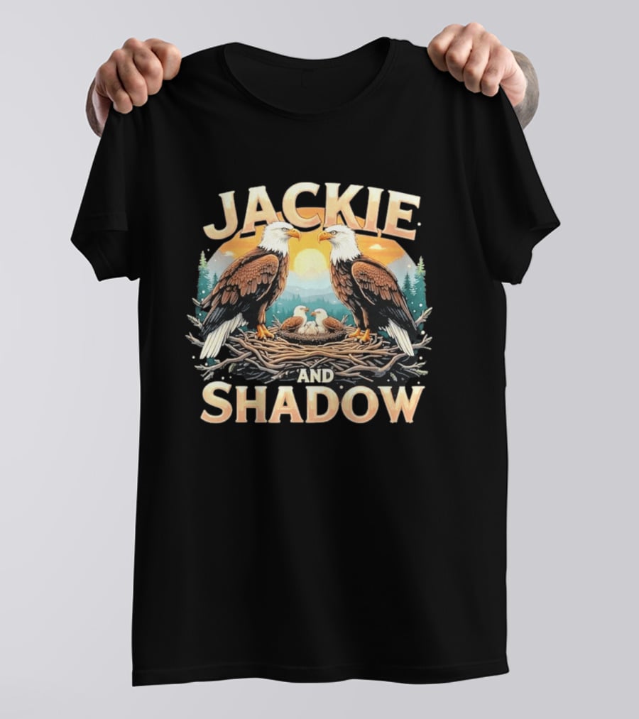 Jackie And Shadow American Eagles Family In Nest With Mountains And Sun T-Shirt