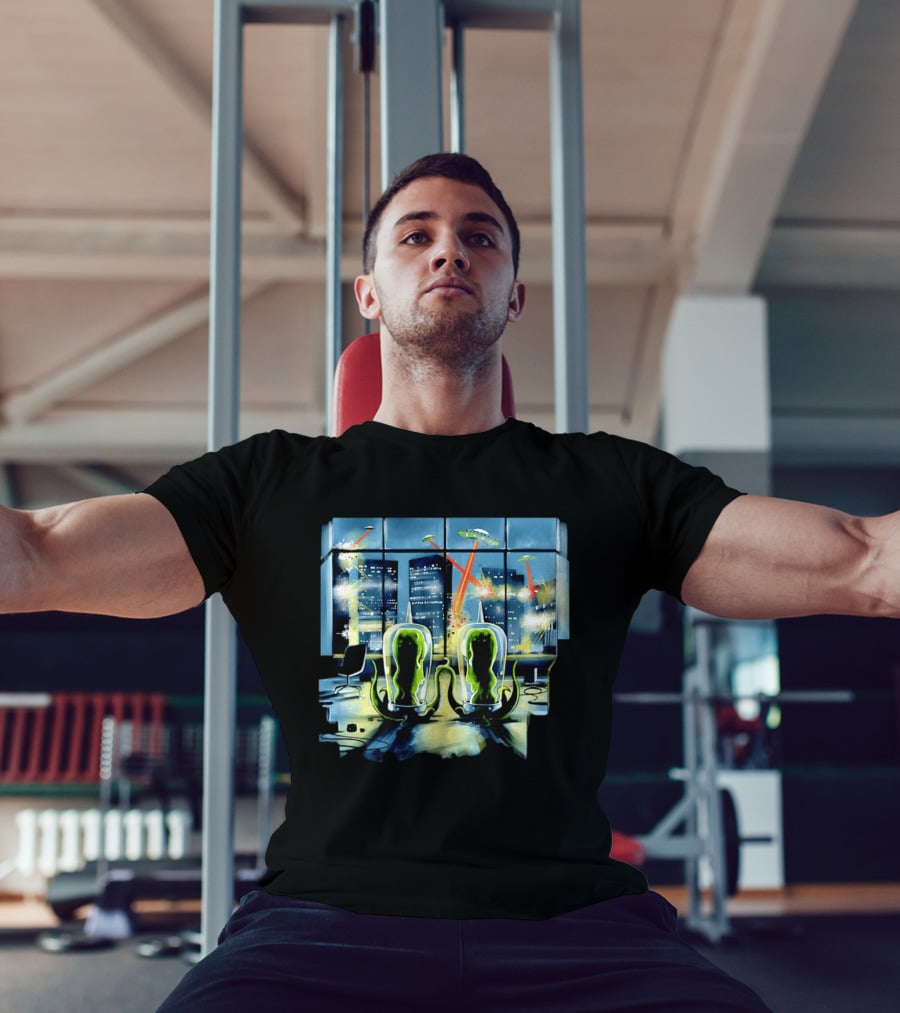 Project Rigel Alien Invasion City Battle Scene With Flying Saucers And Lasers T-Shirt