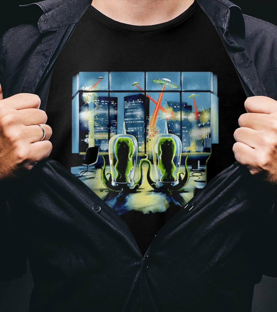 Project Rigel Alien Invasion City Battle Scene With Flying Saucers And Lasers T-Shirt