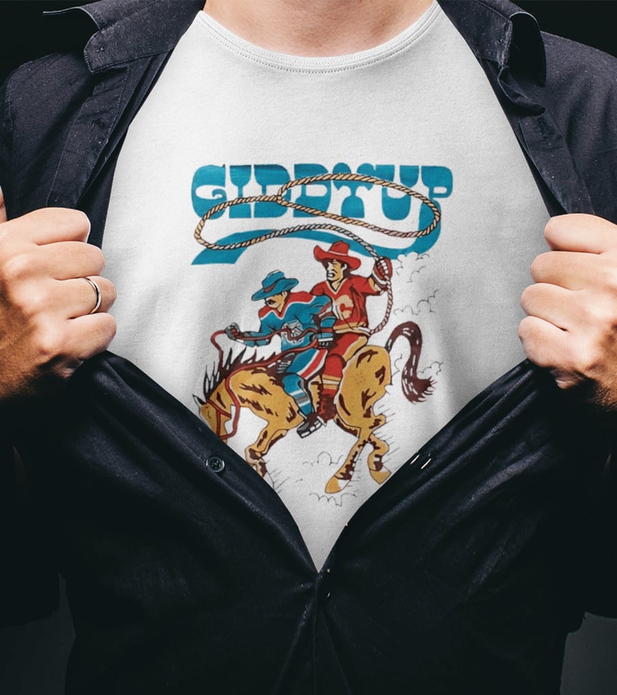 Calgary Flames Edmonton Oilers NHL Hockey Players Giddyup Cartoon Riding Bucking Horse Lasso T-Shirt