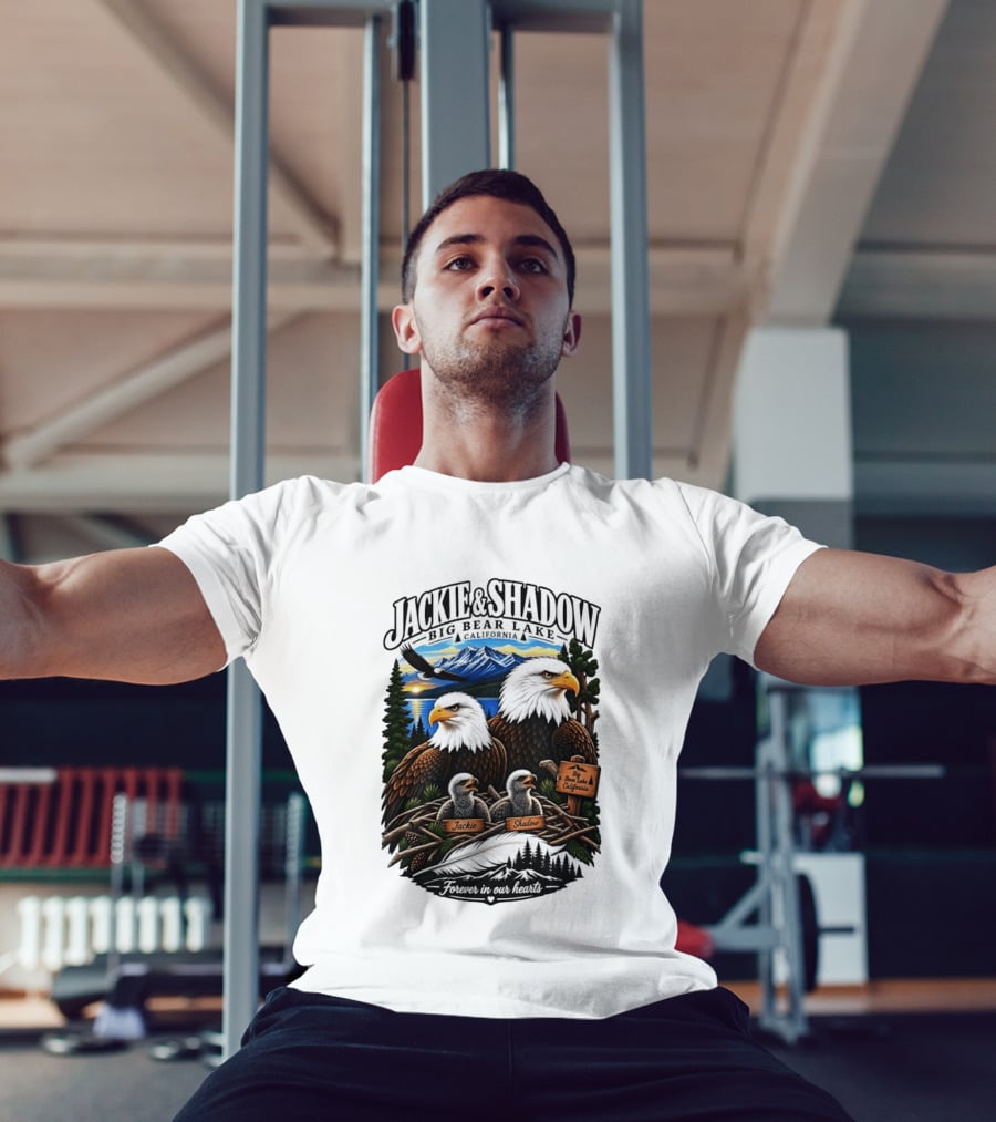 Jackie And Shadow Big Bear Lake California Bald Eagles Eaglets Nest Forever In Our Hearts Sunset Mountain T-Shirt