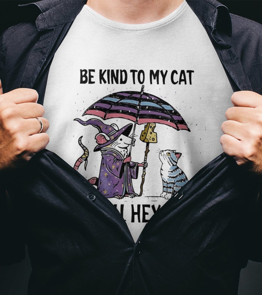 Be Kind To My Cat Or I'll Hex You Cat Wizard With Rainbow Umbrella T-Shirt
